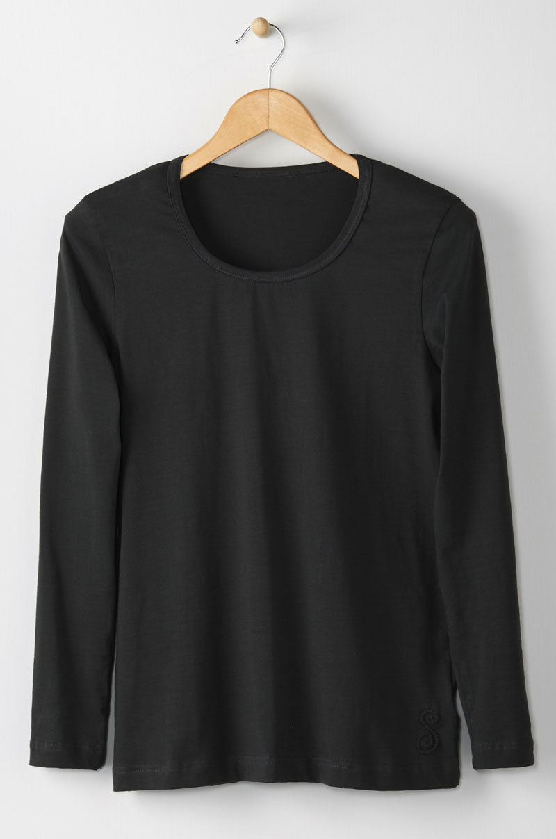 Cotton Lycra Knit Long-Sleeve Layering Tee - Black