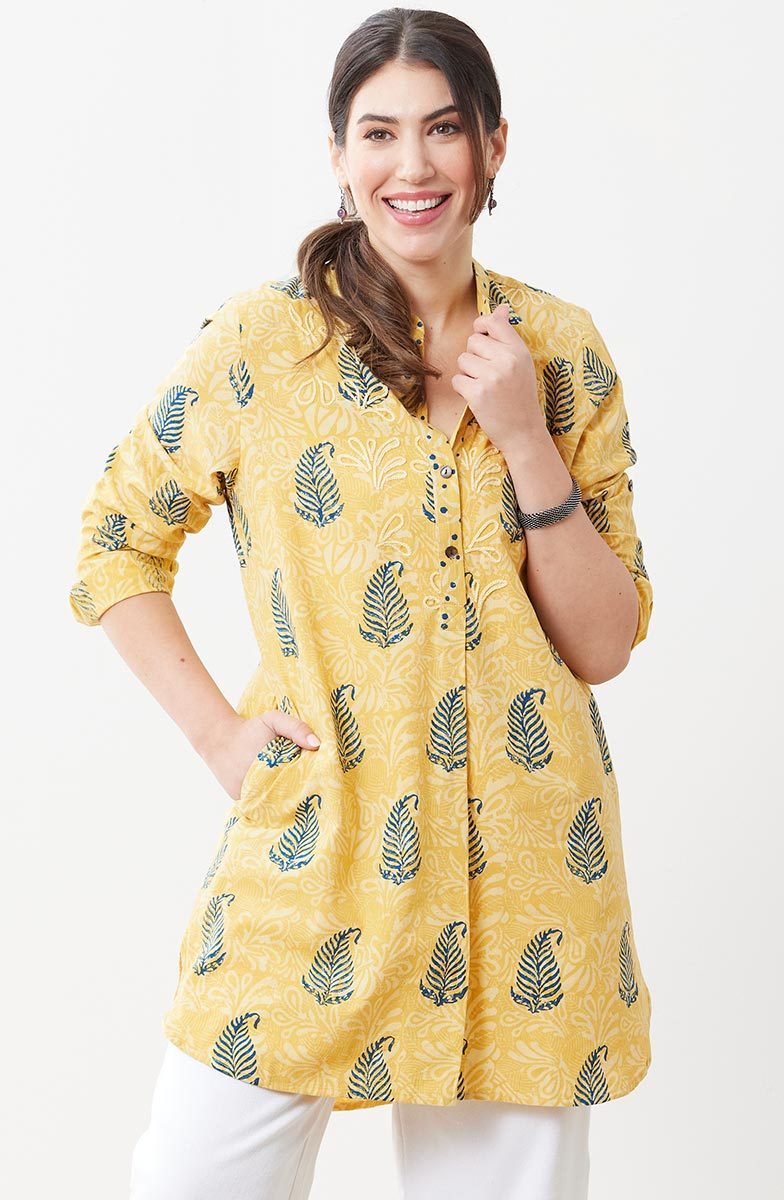 Yamini Roll-Sleeve Shirttail Kurta - Saffron