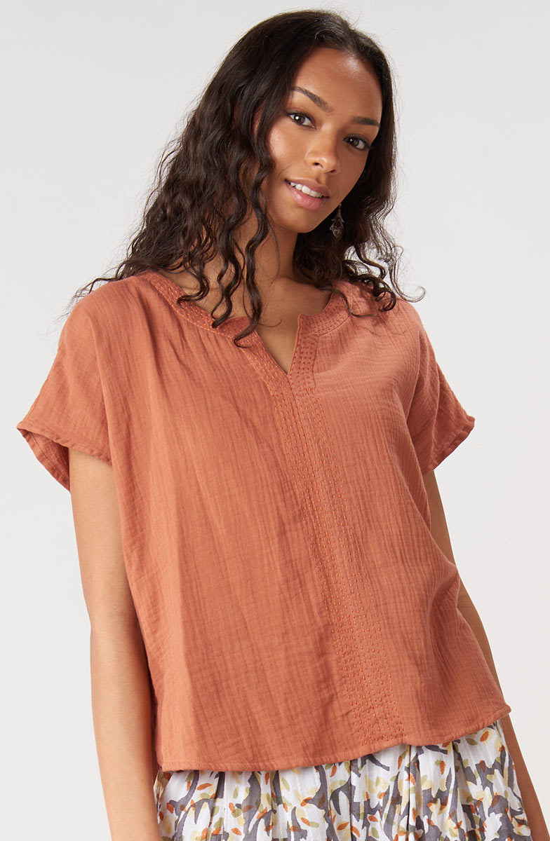 Isha Double Gauze Notch-Neck Top