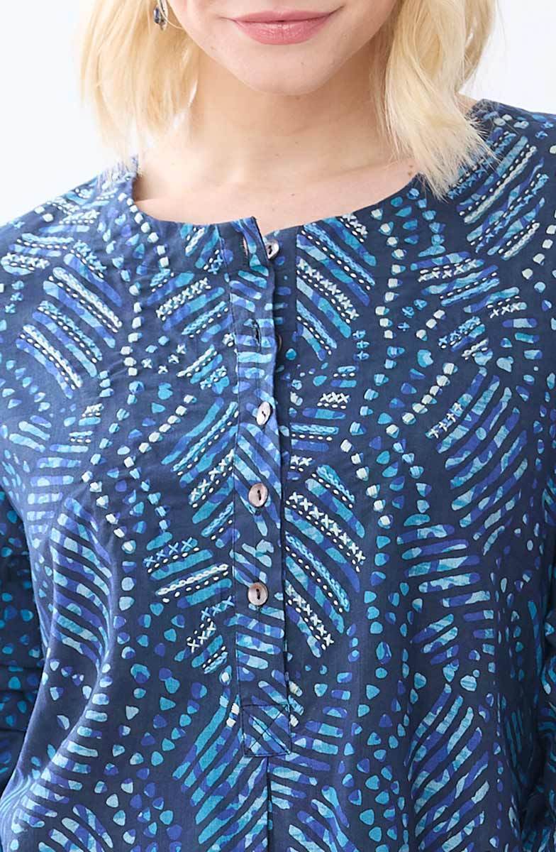 Sharuna 3/4 Sleeve Batik Print Top - Deep sea/Charcoal