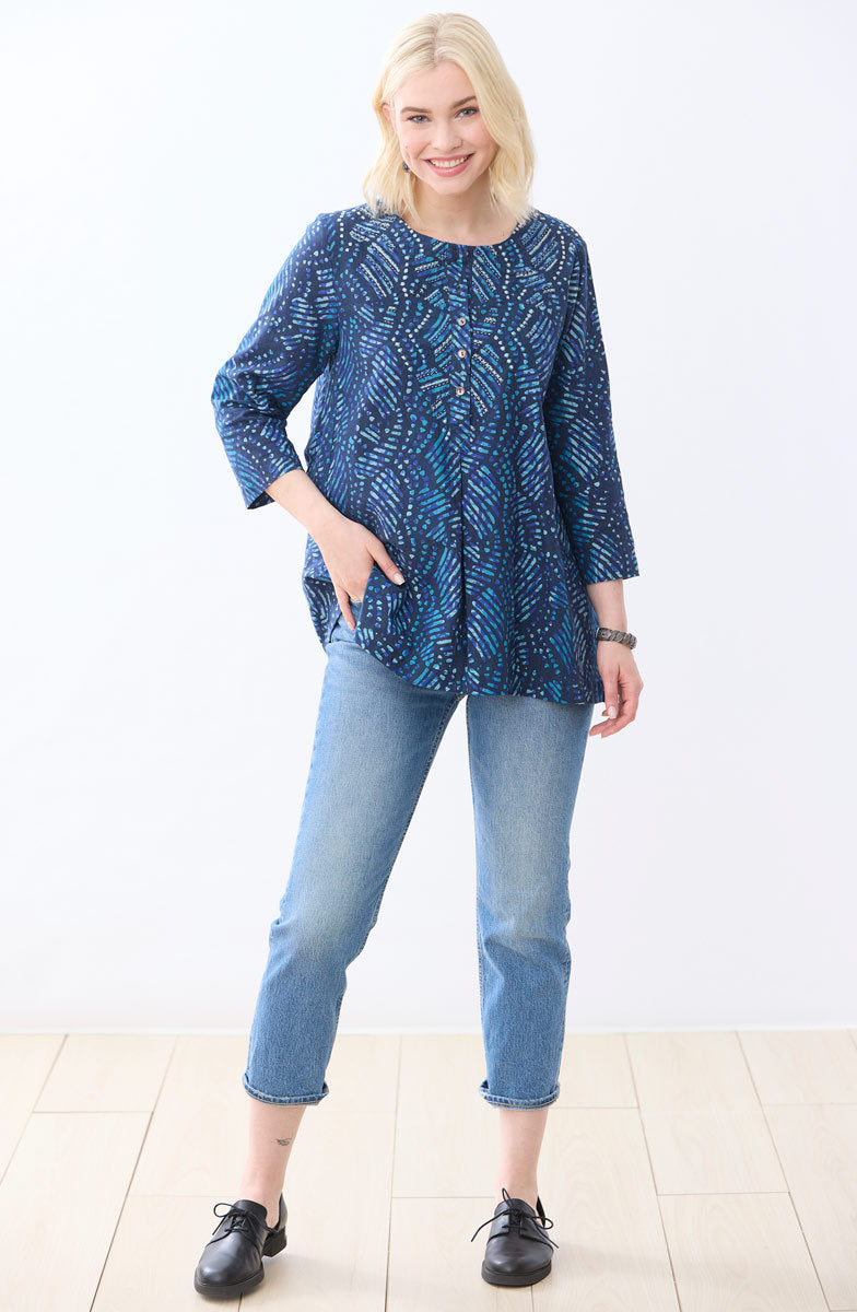 Sharuna 3/4 Sleeve Batik Print Top - Deep sea/Charcoal