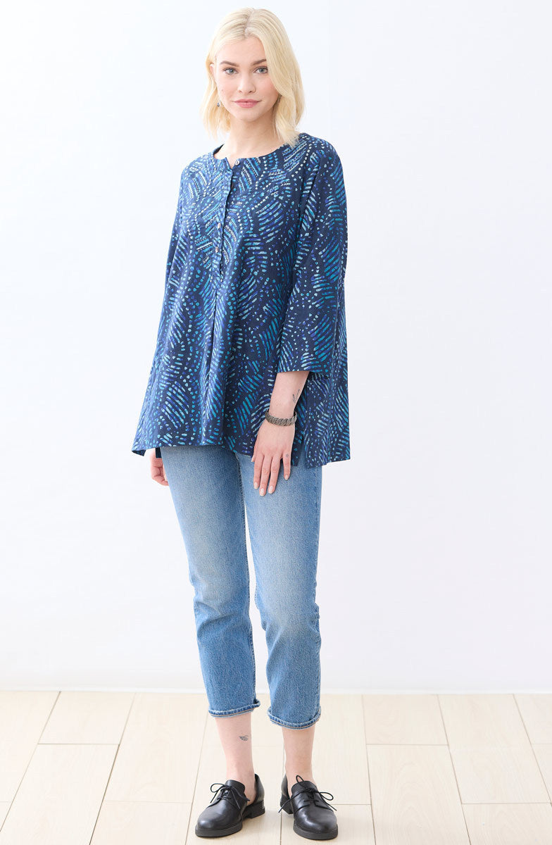 Sharuna 3/4 Sleeve Batik Print Top - Deep sea/Charcoal