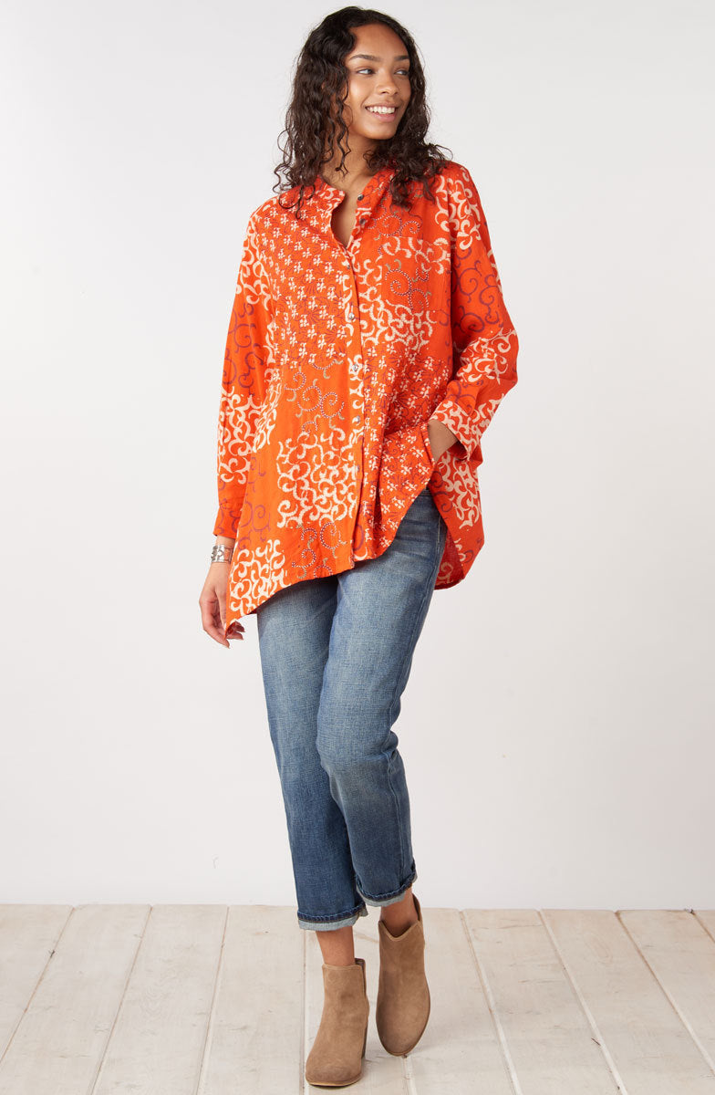 Kalpa Roll-Sleeve Handkerchief Hem Shirt - Flame