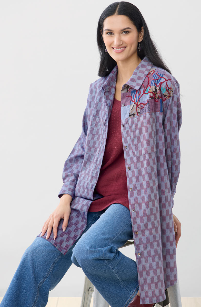 Long Savani Button-Down Shirt - Light periwinkle/Multi