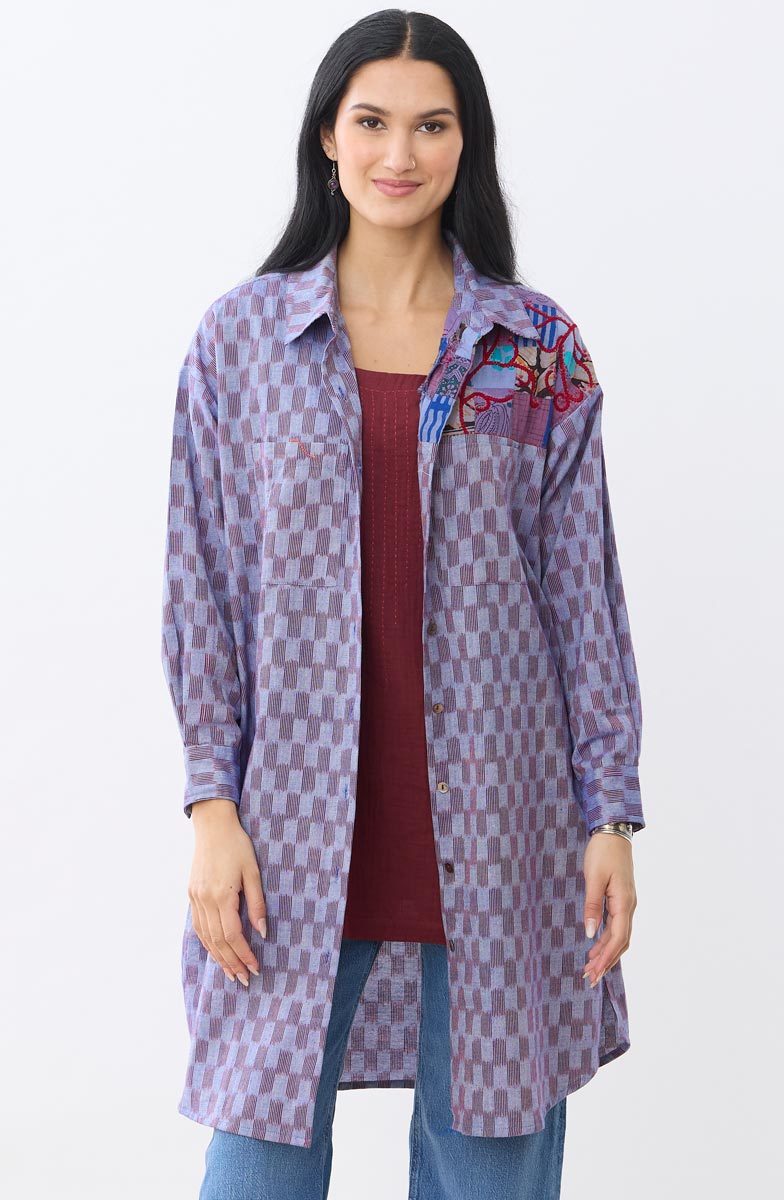Long Savani Button-Down Shirt - Light periwinkle/Multi