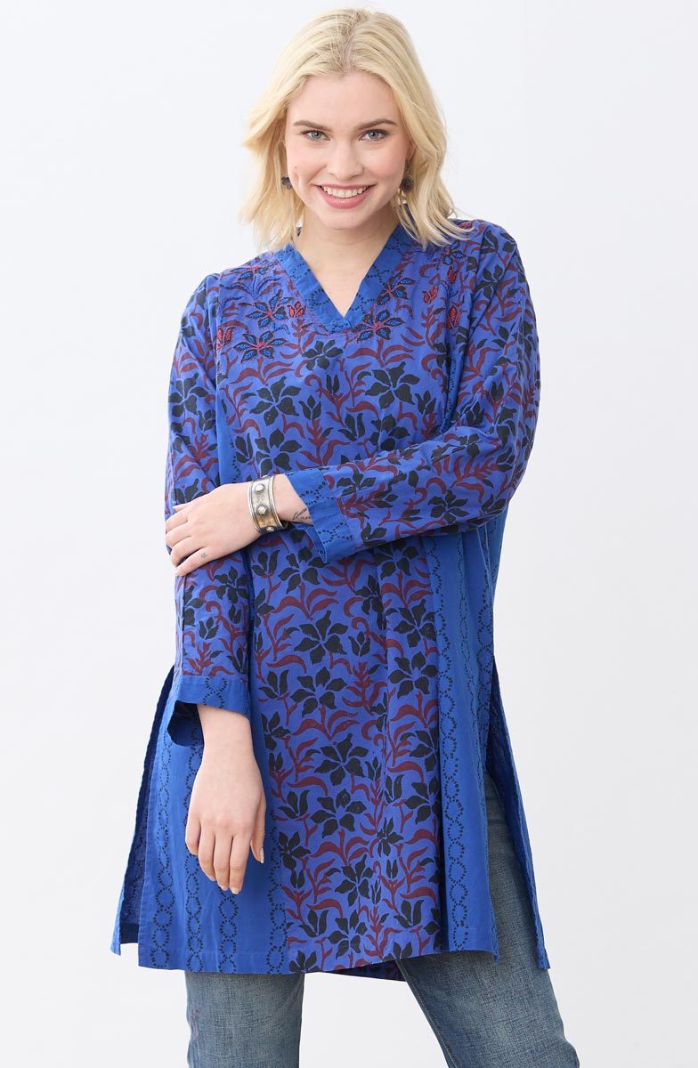 Sanika Organic Cotton Long-Sleeve V-Neck Kurta - Cobalt