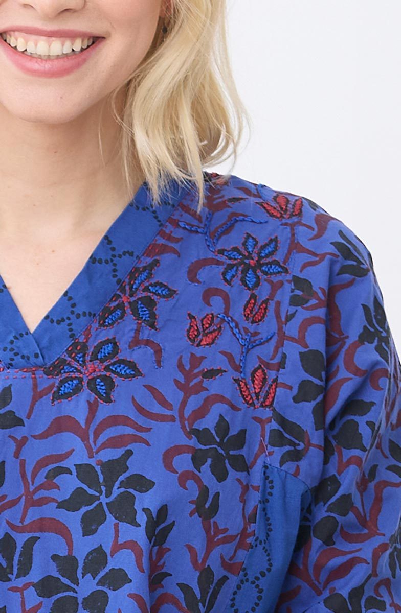 Sanika Organic Cotton Long-Sleeve V-Neck Kurta - Cobalt