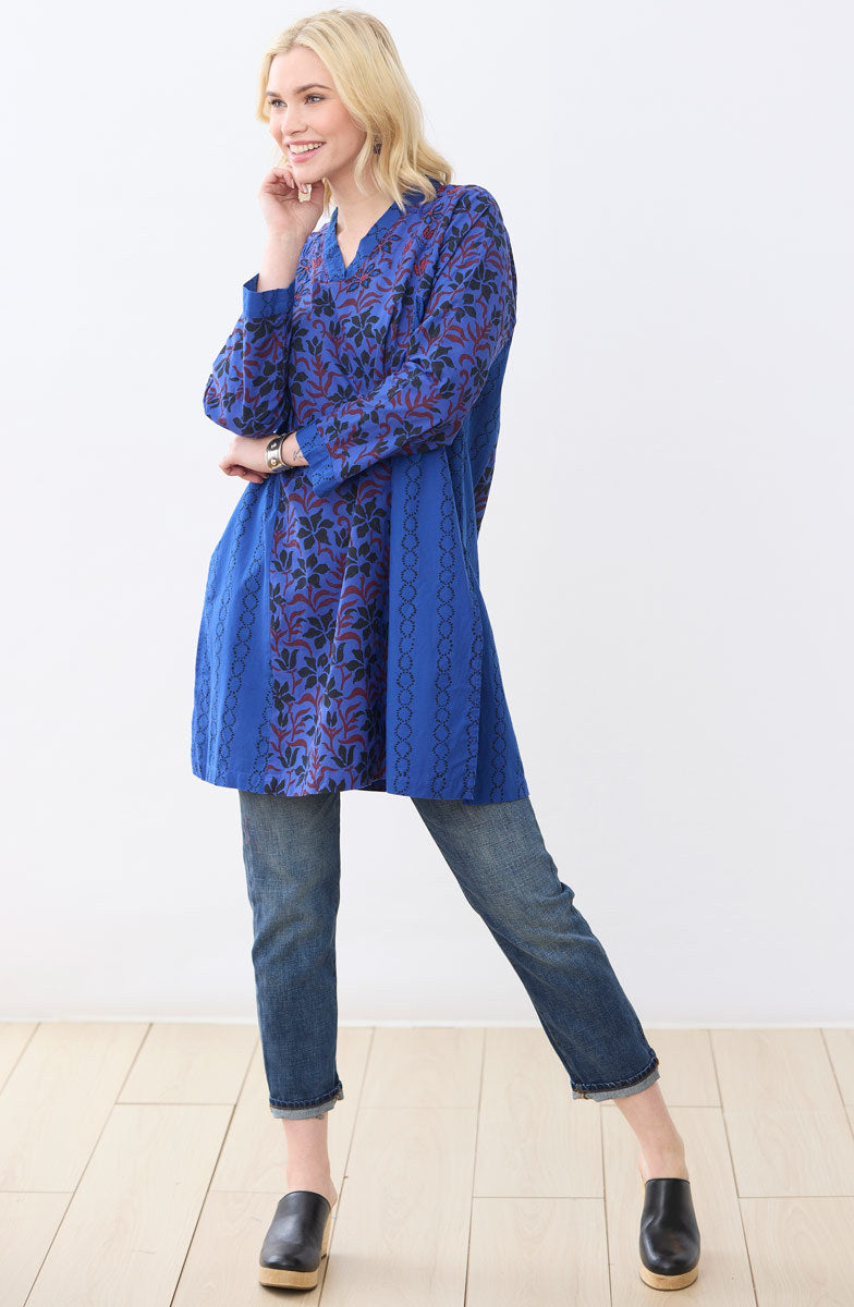 Sanika Organic Cotton Long-Sleeve V-Neck Kurta - Cobalt