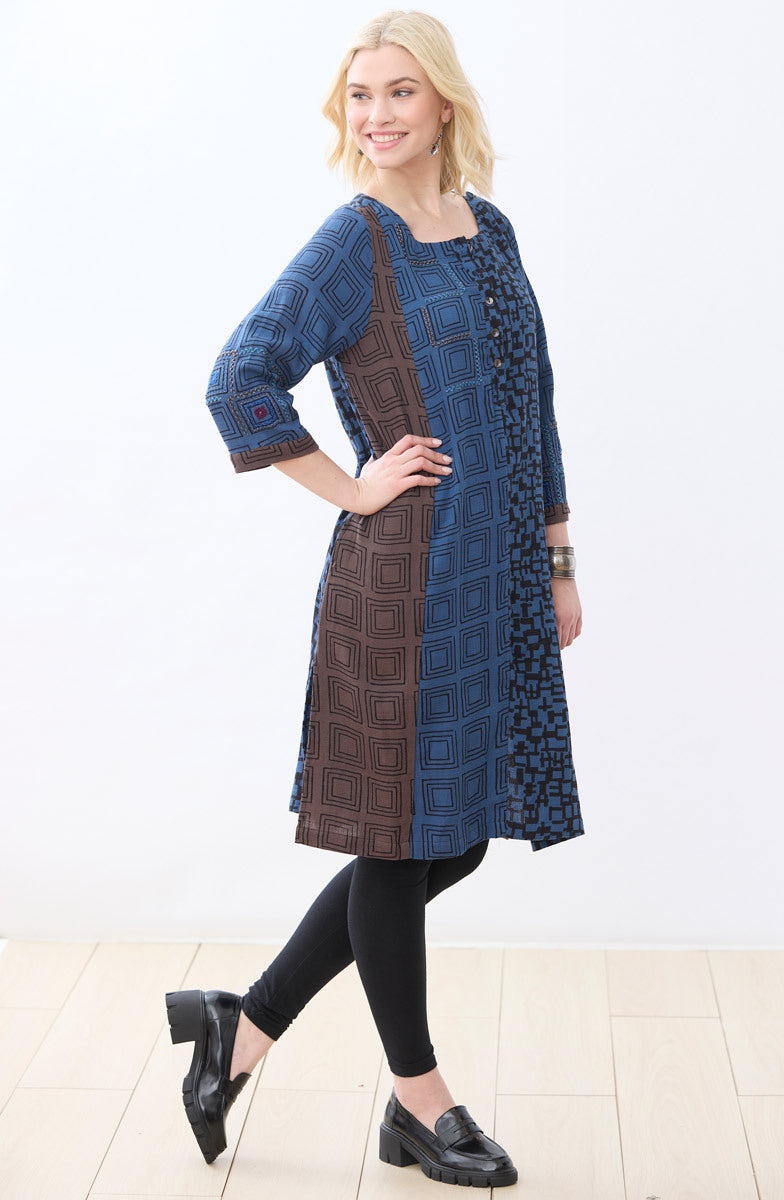 Avanti Mixed Print A-Line Kurta - Fossil/Marine