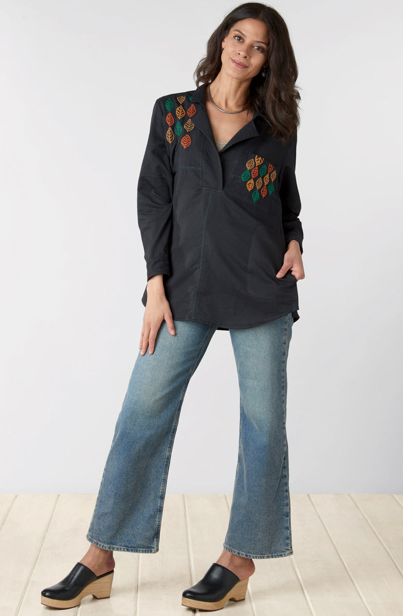Kiana Embroidered Wide-Placket Shirt - Black