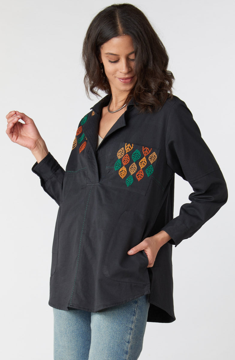Kiana Embroidered Wide-Placket Shirt - Black
