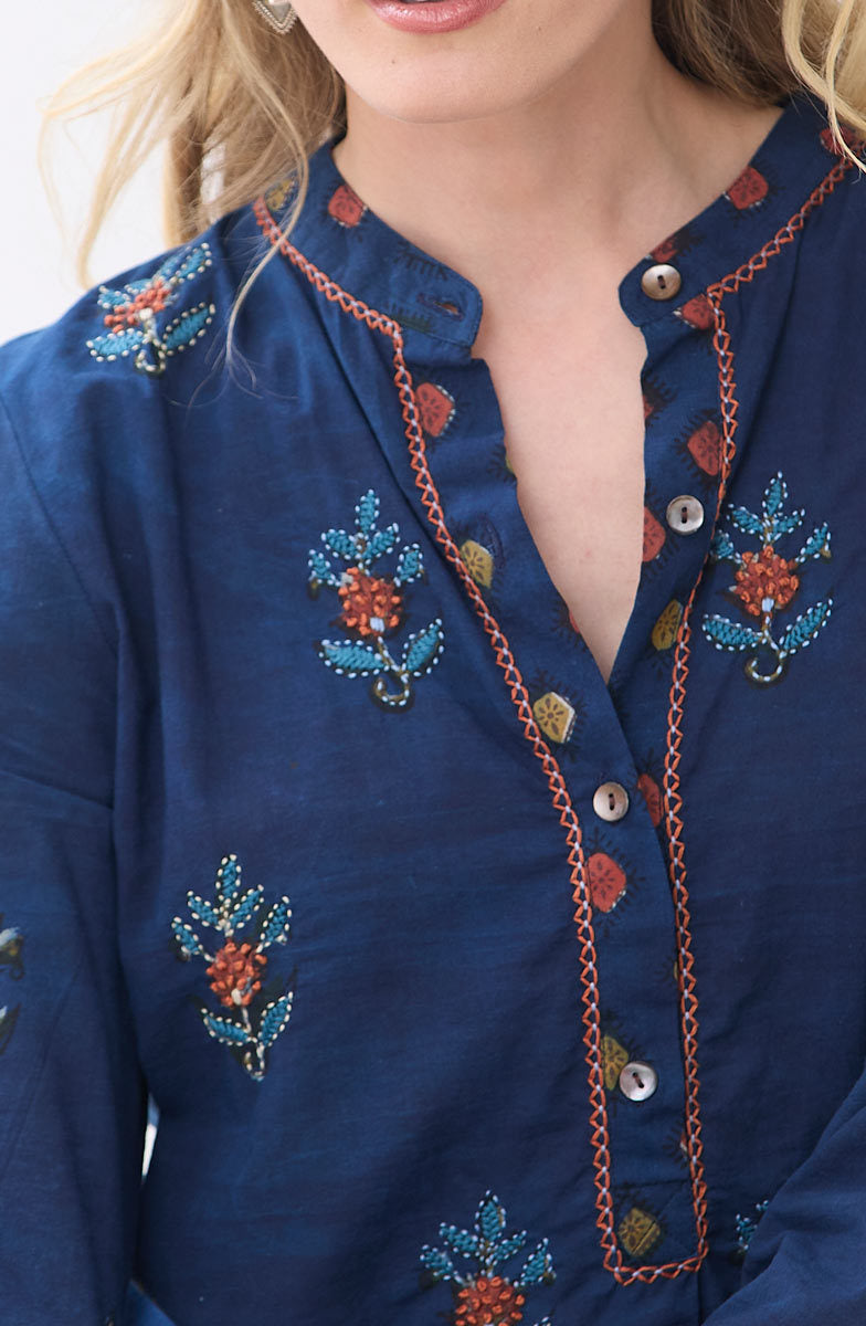 Yamini Roll-Sleeve Shirttail Kurta - Indigo