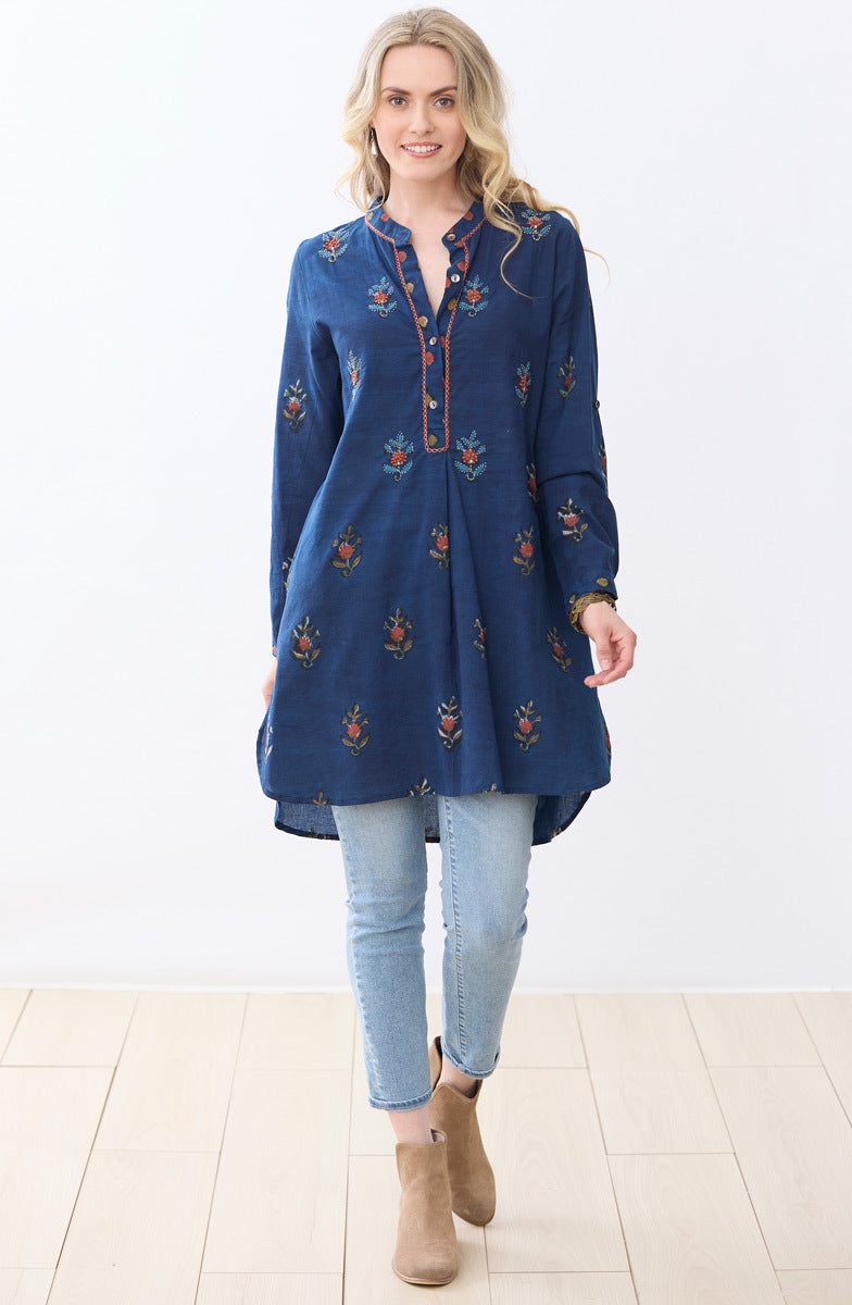 Yamini Roll-Sleeve Shirttail Kurta - Indigo