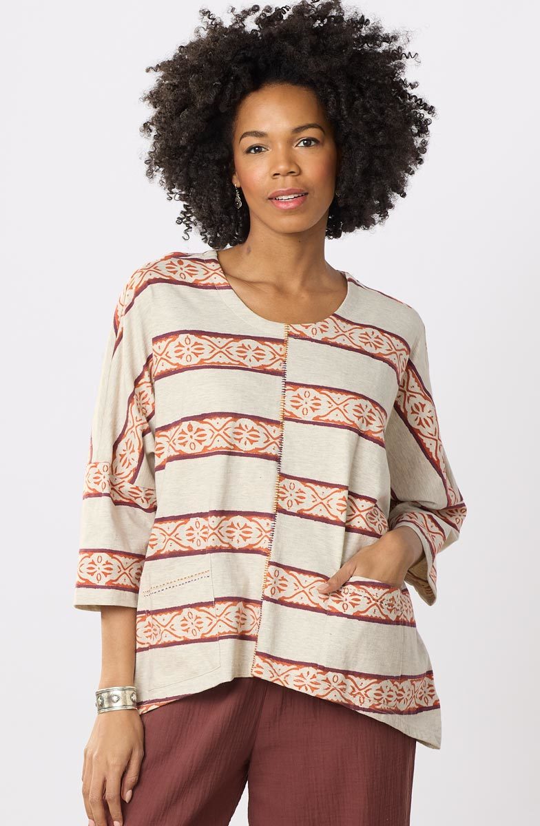 Rimsha Cotton Jersey Oversized Boxy Top - Natural/Multi