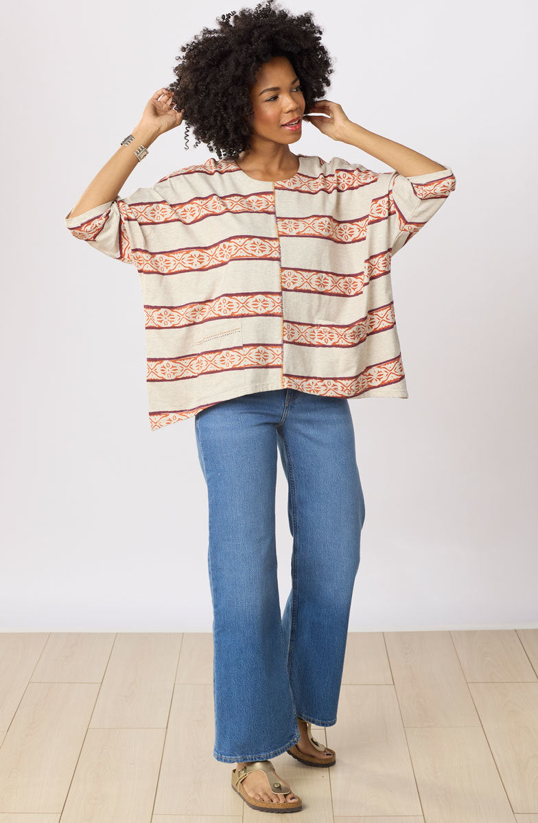 Rimsha Cotton Jersey Oversized Boxy Top - Natural/Multi