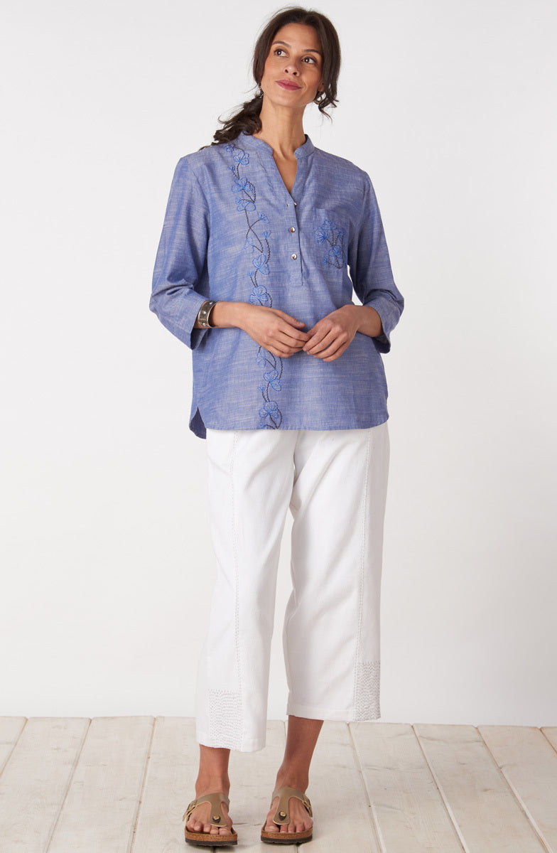 Chinam Band Collar Henley Shirt - Chambray