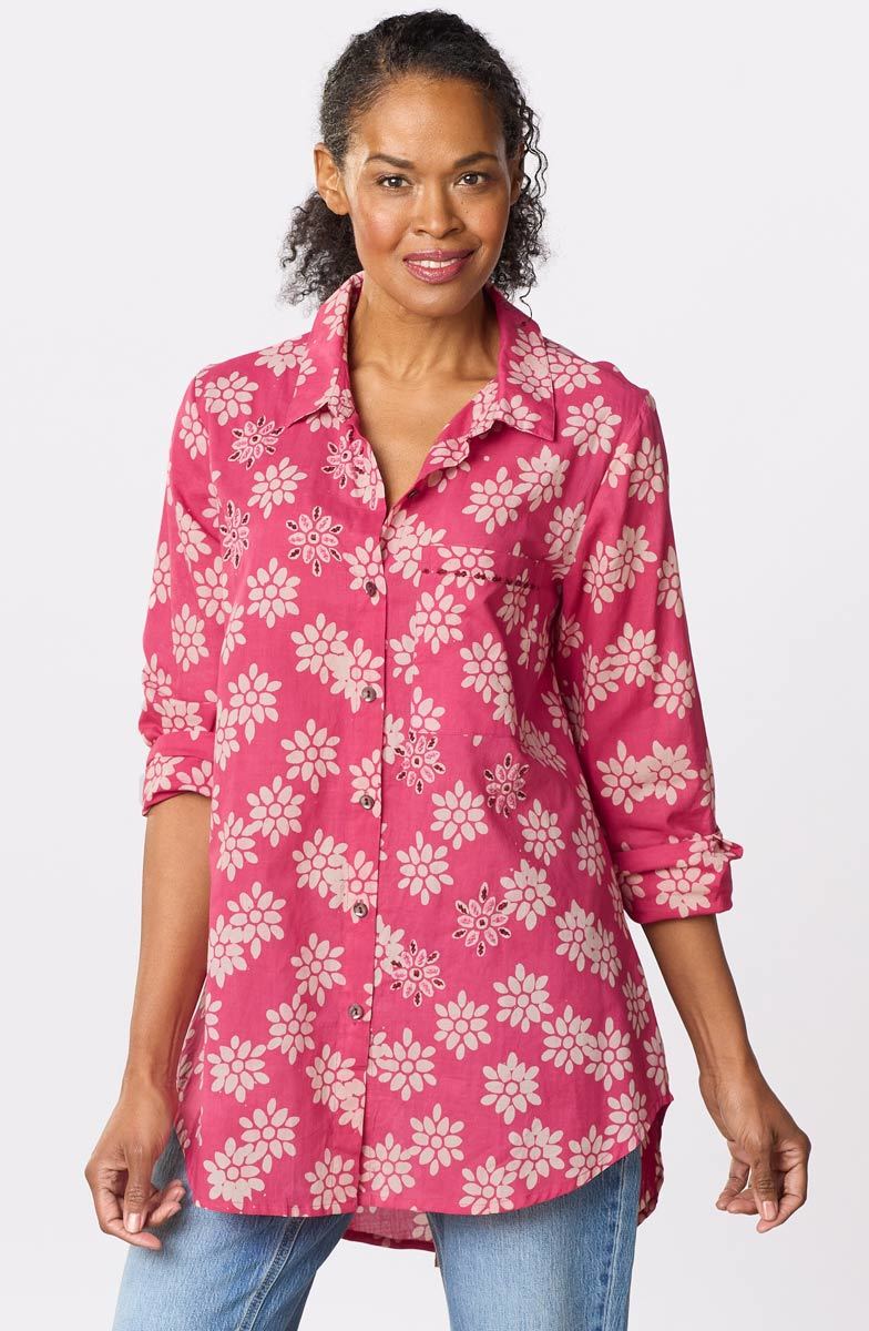 Aashna High-Low Hem Button-Down Shirt - Berry/Natural