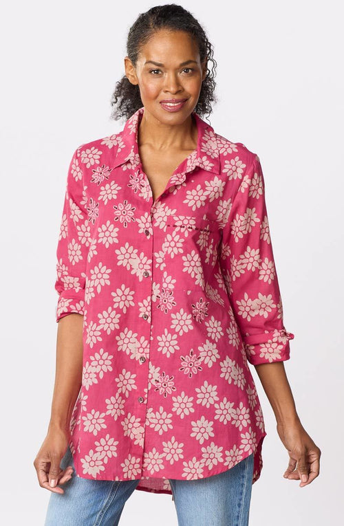 Aashna High-Low Hem Button-Down Shirt - Berry/Natural