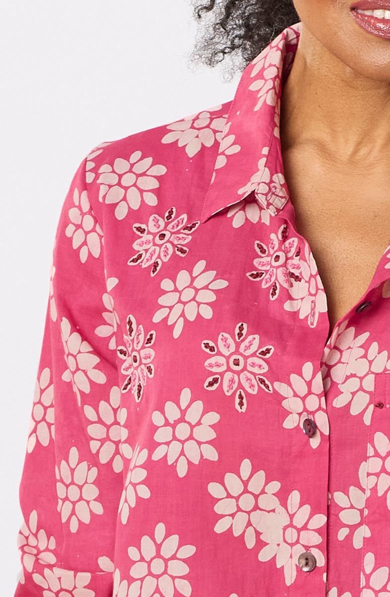 Aashna High-Low Hem Button-Down Shirt - Berry/Natural