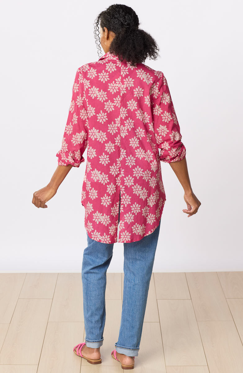 Aashna High-Low Hem Button-Down Shirt - Berry/Natural