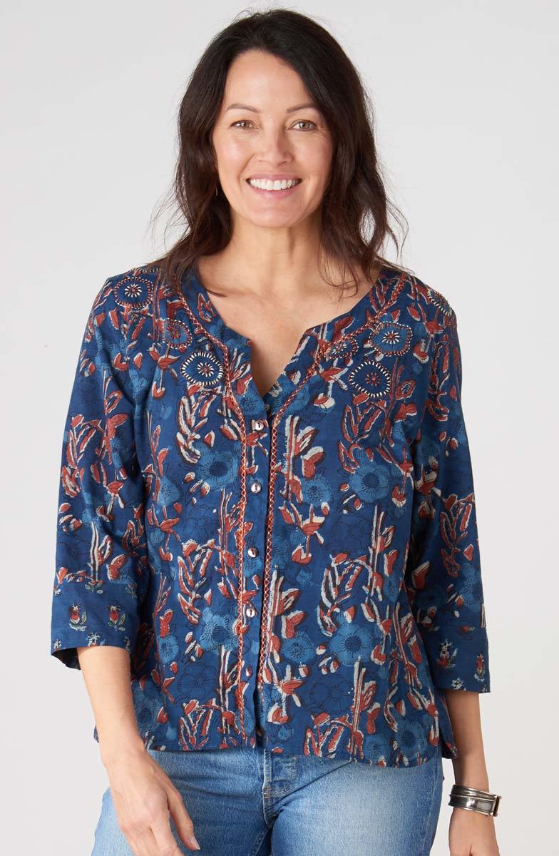 Kalini 3/4-Sleeve Button-Front Top - Indigo/Multi