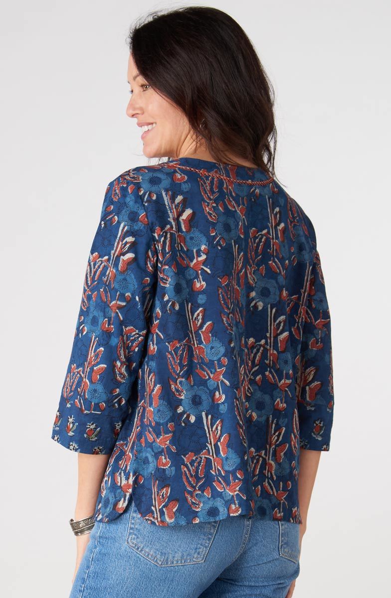 Kalini 3/4-Sleeve Button-Front Top - Indigo/Multi