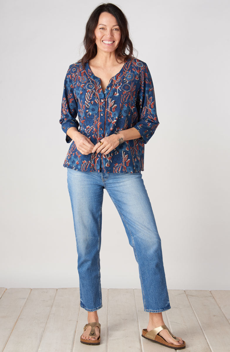 Kalini 3/4-Sleeve Button-Front Top - Indigo/Multi
