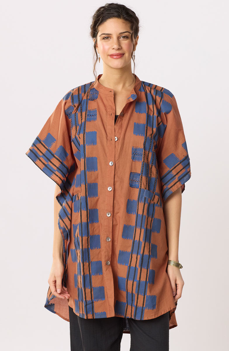 Anika Band Collar Kaftan Shirt - Honey/Navy