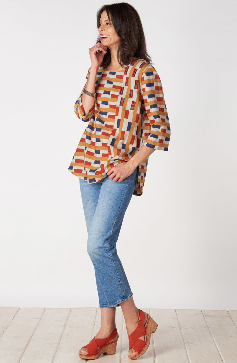 Divya 3/4-Sleeve Popover Top - Oatmeal/Multi