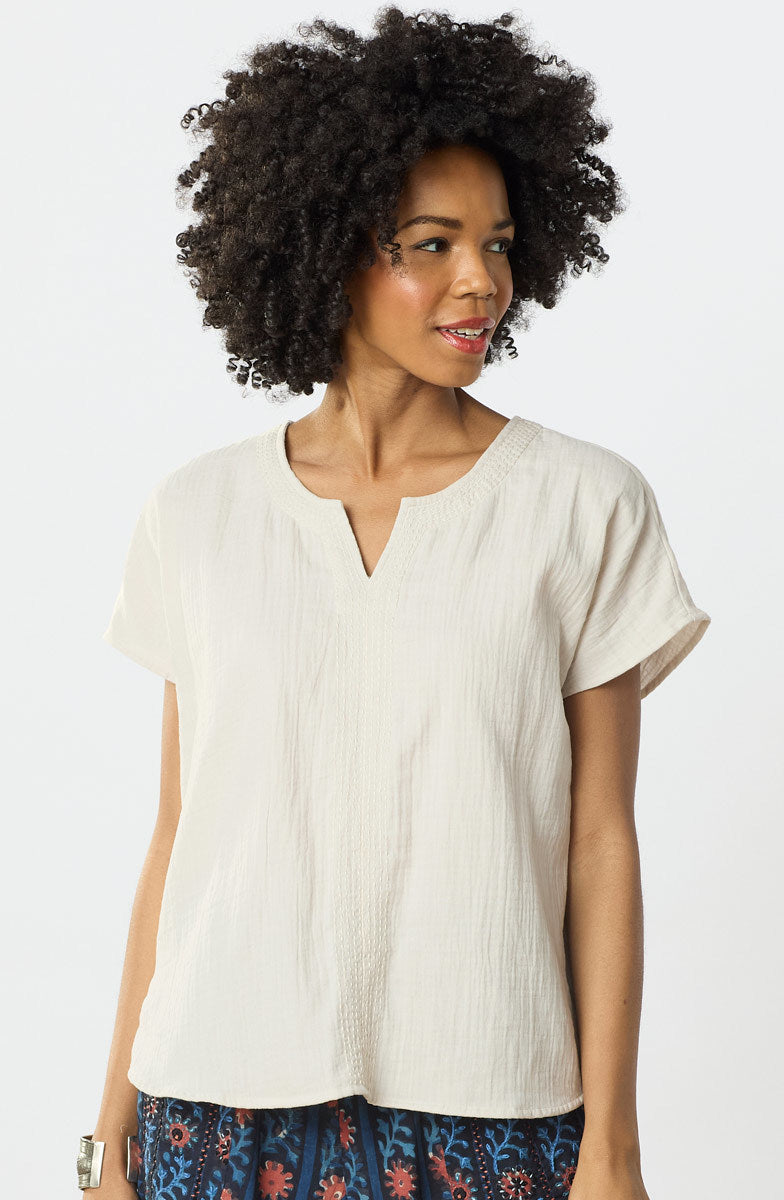 Isha Double Gauze Notch-Neck Top