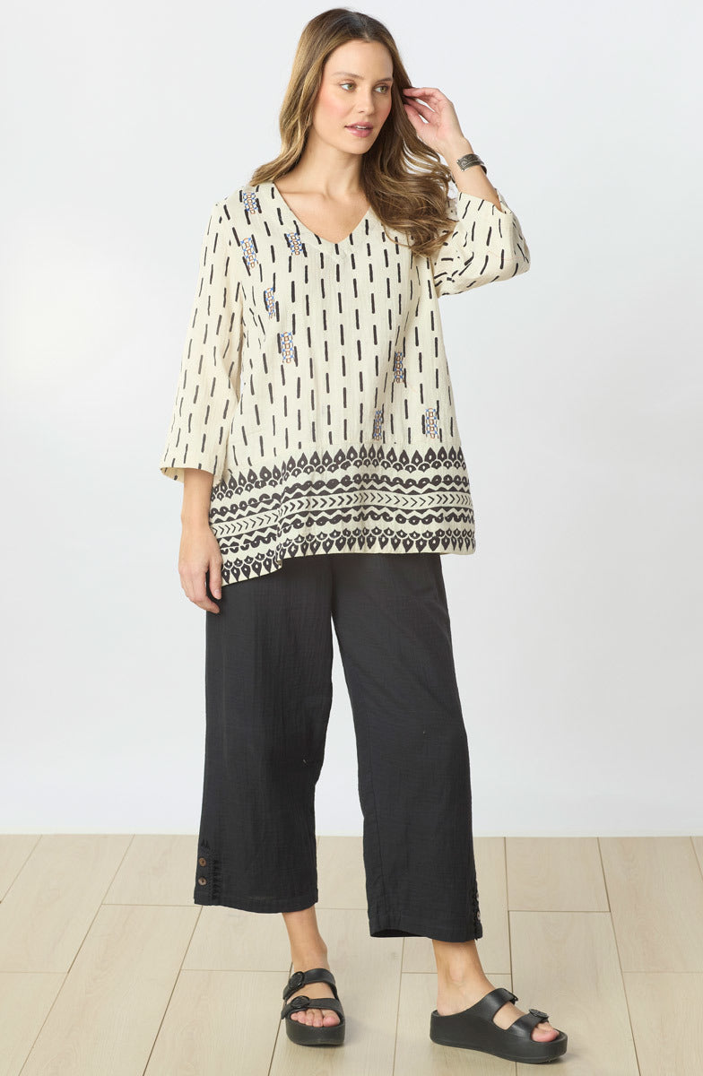 Zarine Double Gauze 3/4-Sleeve V-neck Tunic - Natural/Black