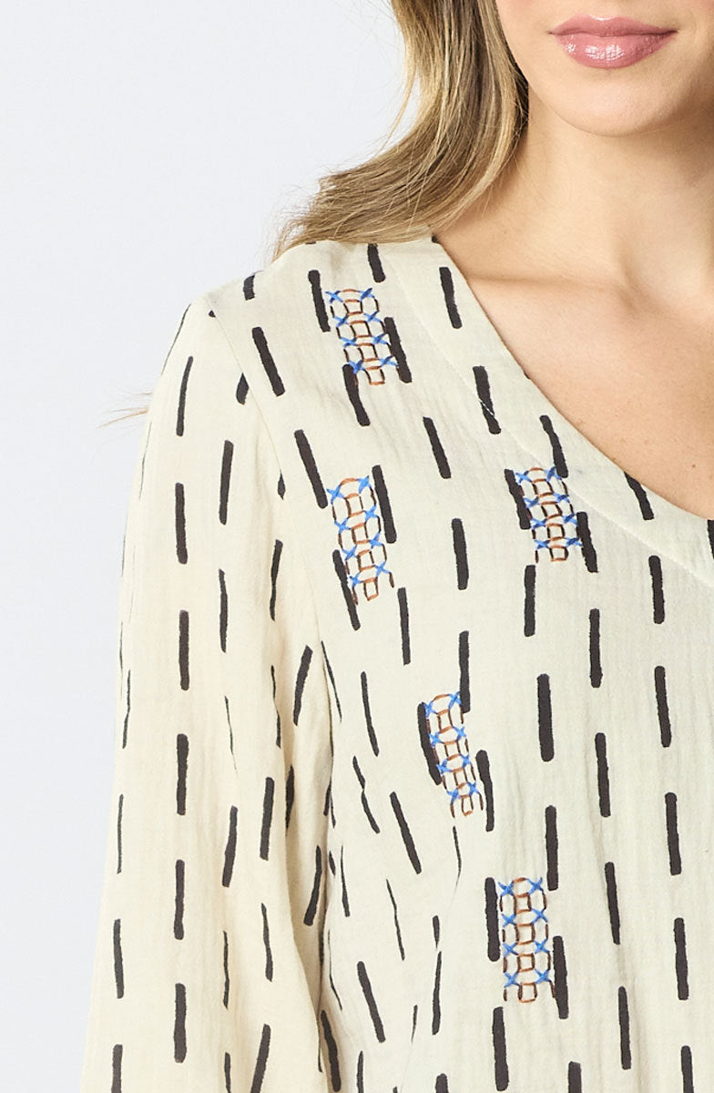 Zarine Double Gauze 3/4-Sleeve V-neck Tunic - Natural/Black