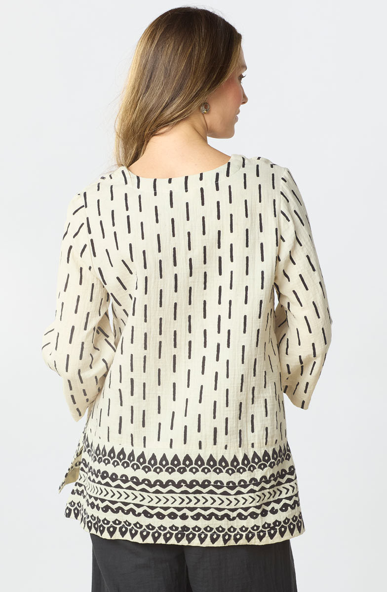 Zarine Double Gauze 3/4-Sleeve V-neck Tunic - Natural/Black