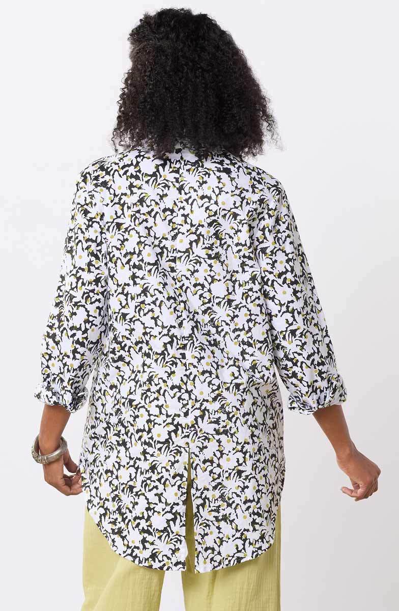 Aashna Organic Cotton High-Low Hem Button-Down Shirt - White/Black