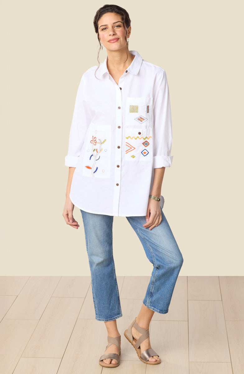 Aashna Organic Cotton High-Low Hem Button-Down Shirt - White