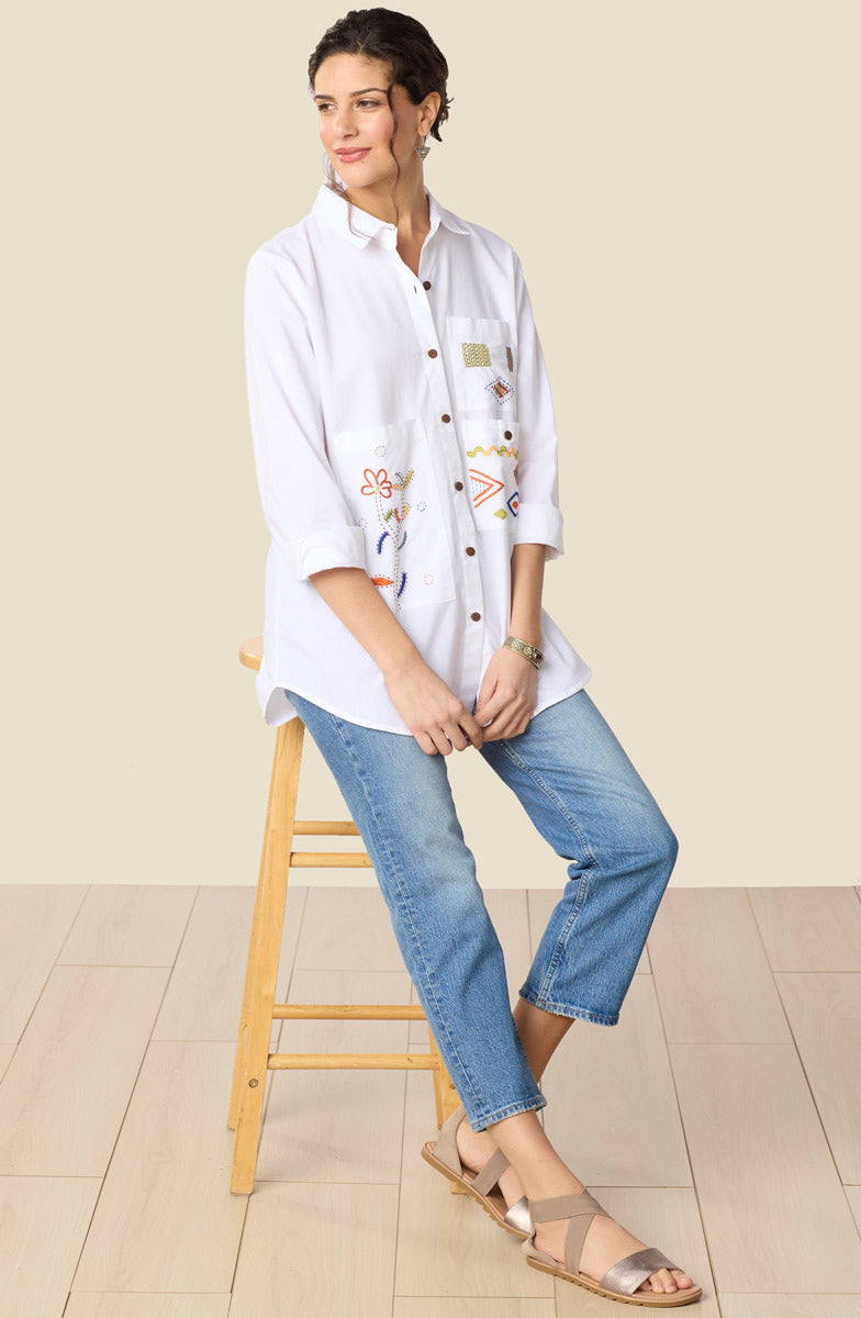 Aashna Organic Cotton High-Low Hem Button-Down Shirt - White