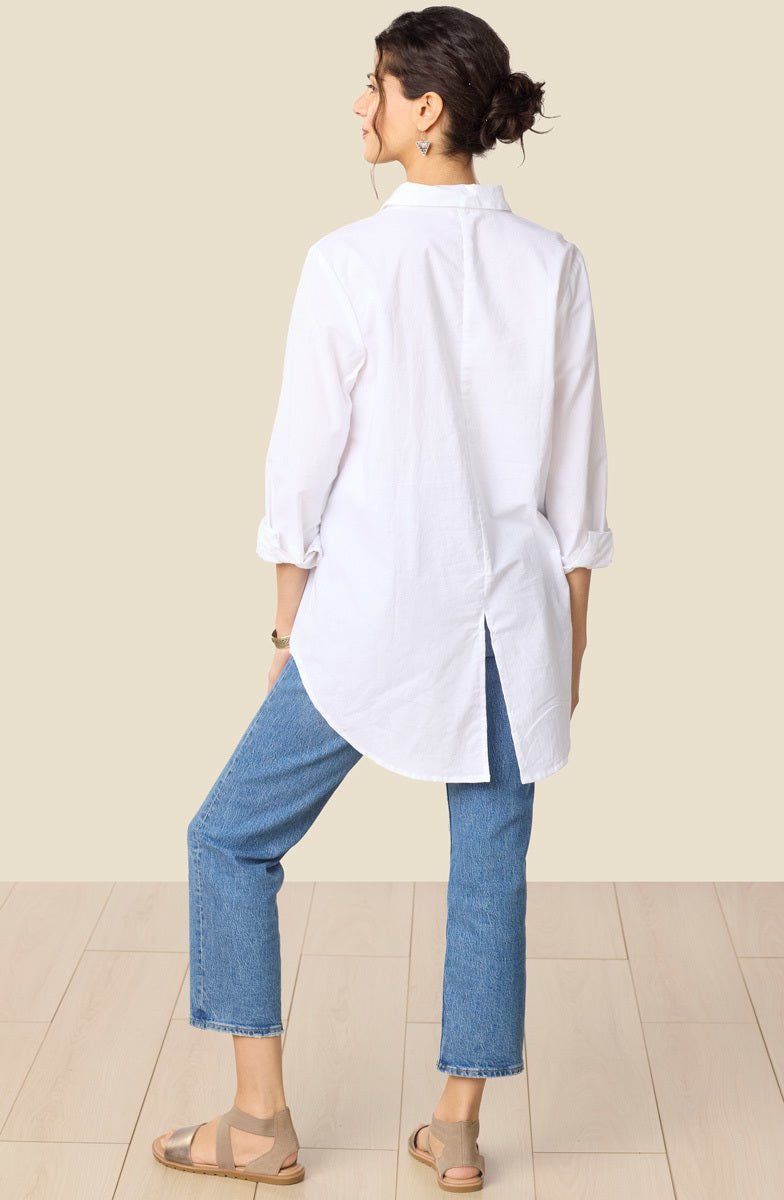 Aashna Organic Cotton High-Low Hem Button-Down Shirt - White