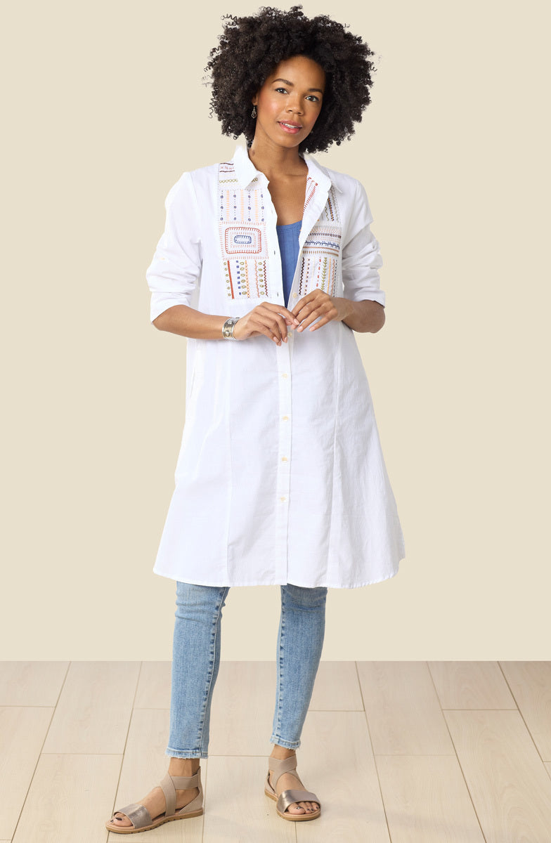 Yasira Organic Cotton Embroidered Long Shirt - White