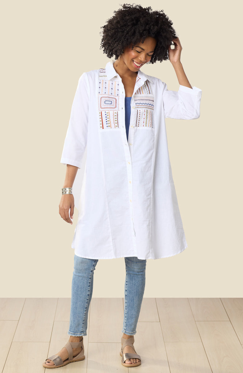 Yasira Organic Cotton Embroidered Long Shirt - White