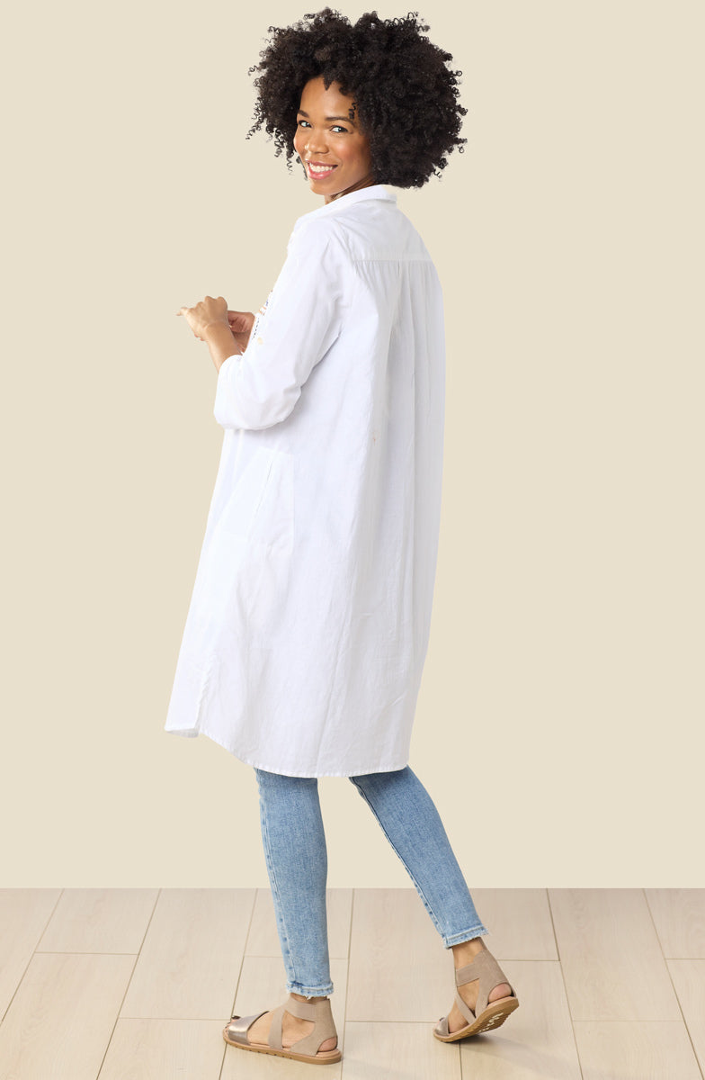 Yasira Organic Cotton Embroidered Long Shirt - White