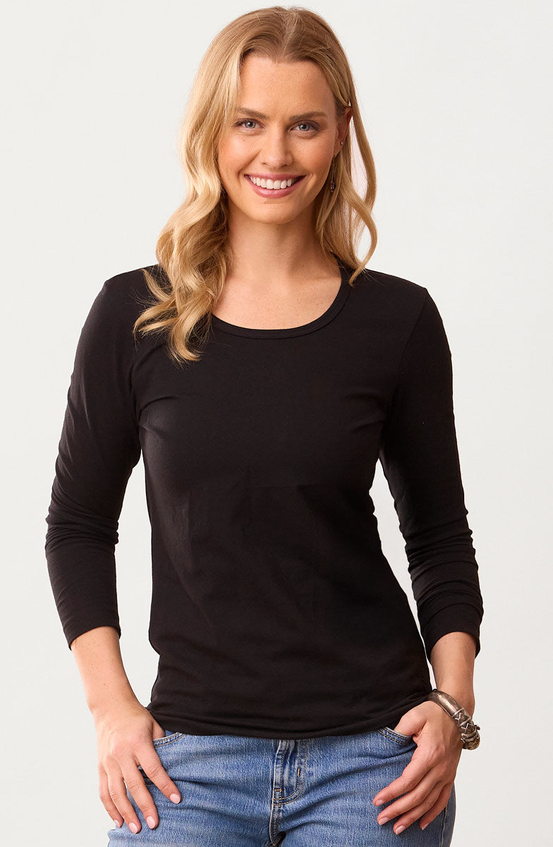 Cotton Lycra Knit Long-Sleeve Layering Tee - Black