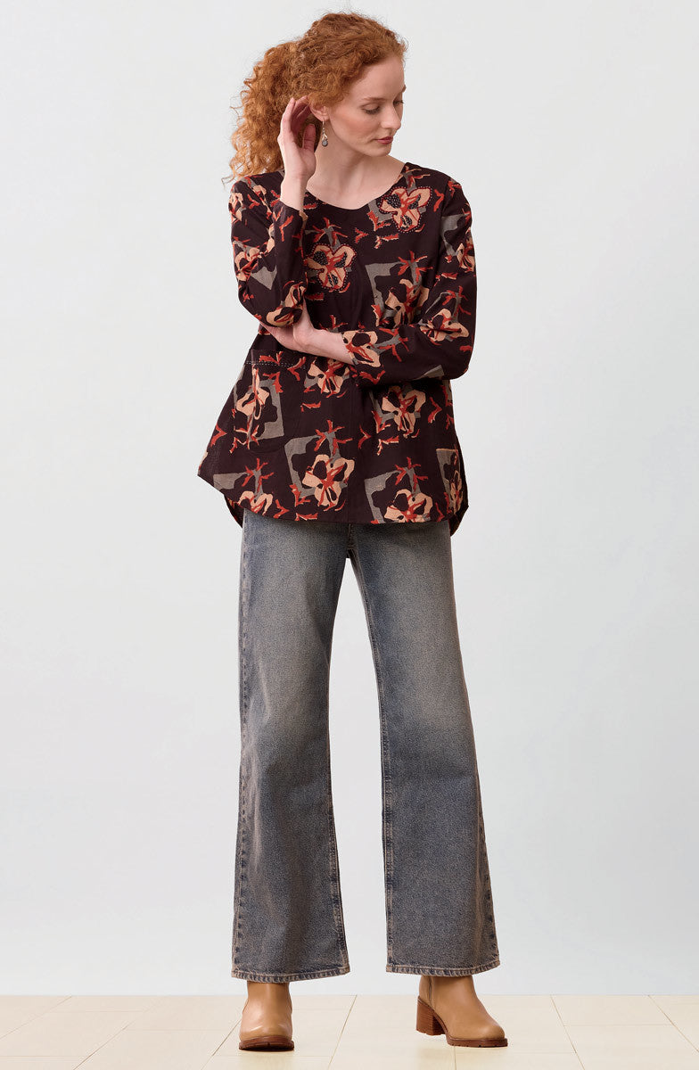 Divya Long-Sleeve Popover Top - Black/Multi