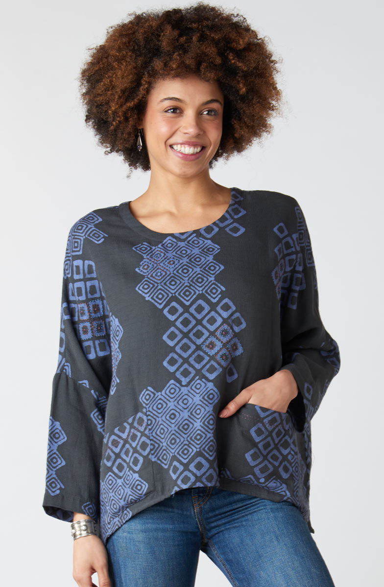 Rimsha Long-Sleeve Popover Swing Top - Fossil/Periwinkle