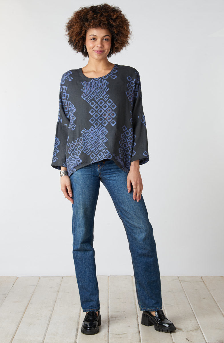Rimsha Long-Sleeve Popover Swing Top - Fossil/Periwinkle
