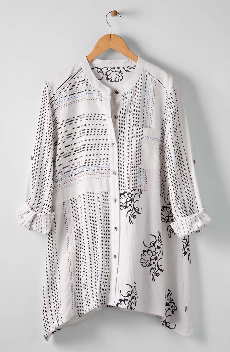 Kalpa Roll-Sleeve Handkerchief Hem Shirt - White/Black