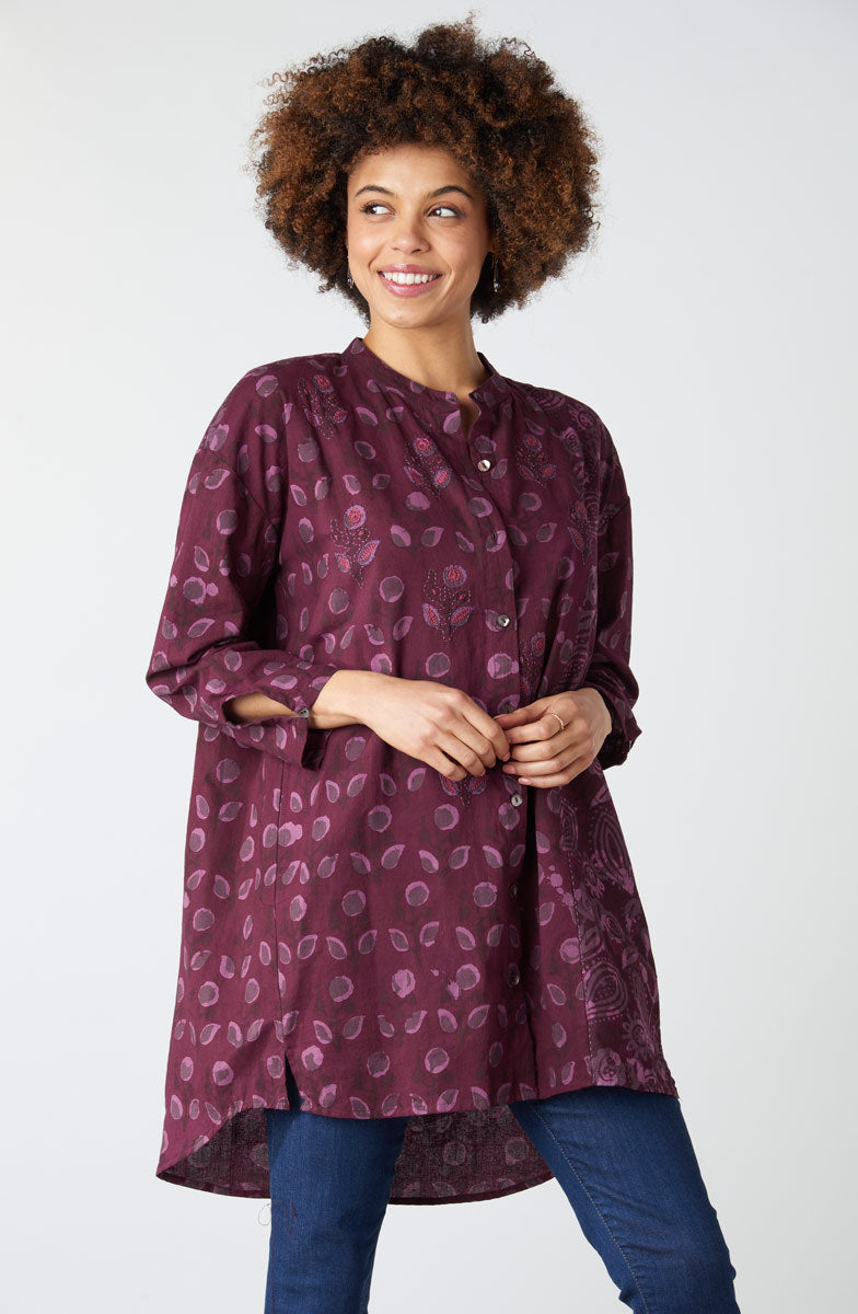Chitrani Band Collar Oversized Shirt - Eggplant/Multi