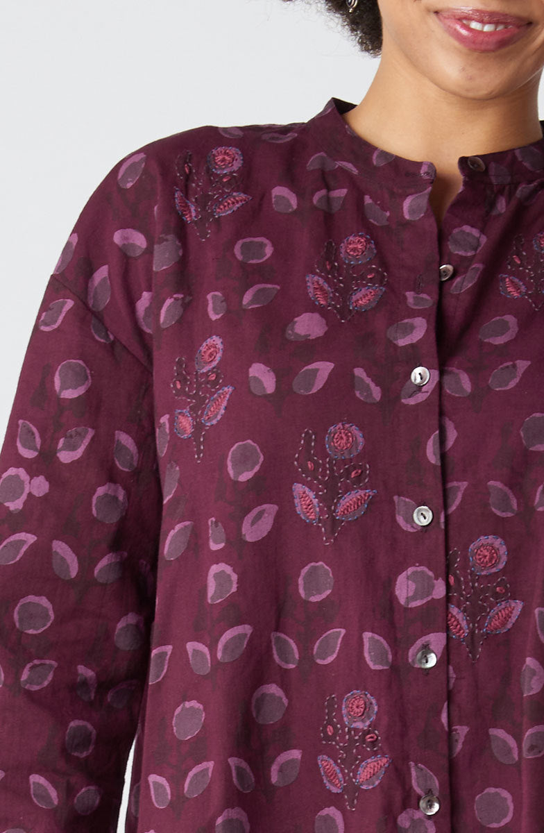 Chitrani Band Collar Oversized Shirt - Eggplant/Multi