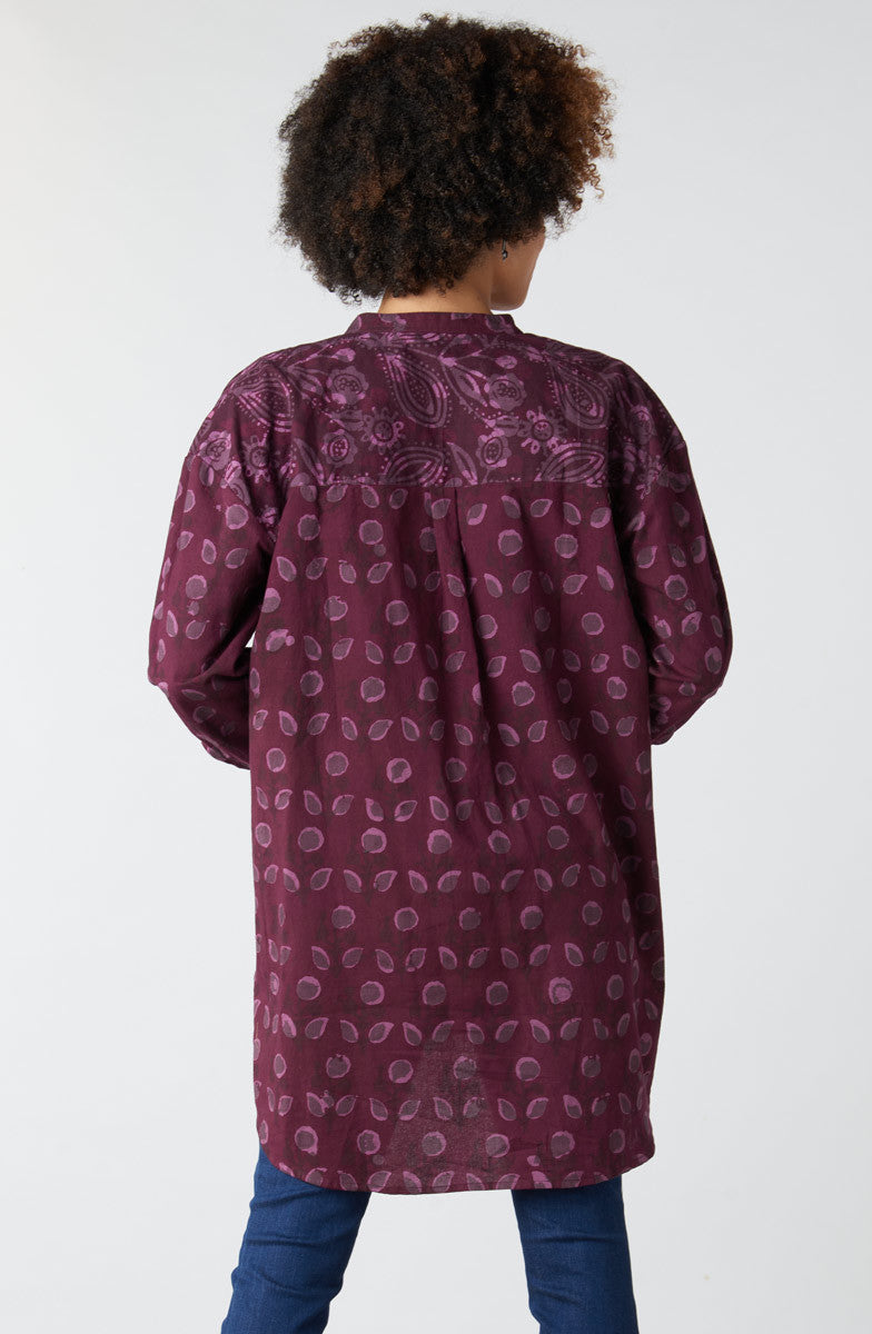 Chitrani Band Collar Oversized Shirt - Eggplant/Multi