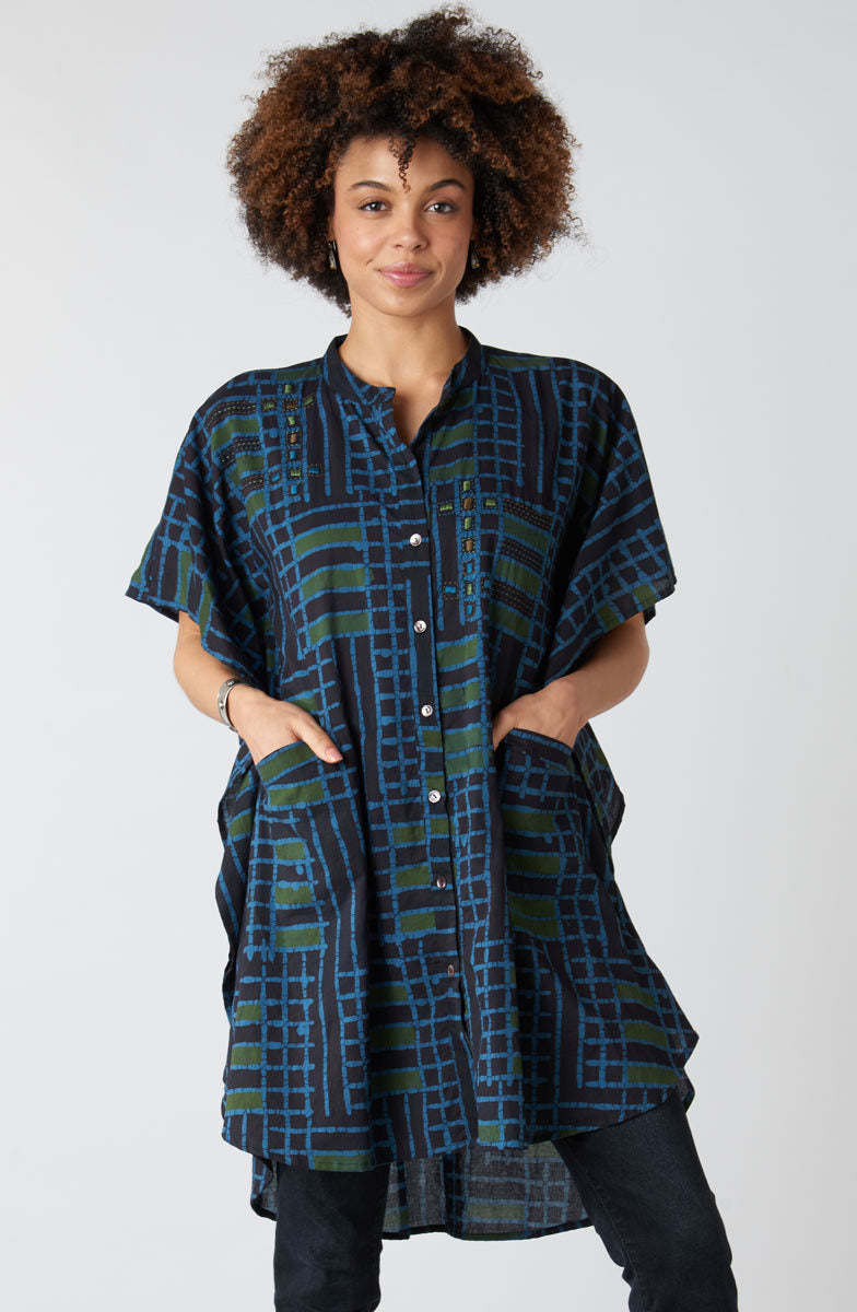 Anika Band Collar Kaftan Shirt - Charcoal/Multi