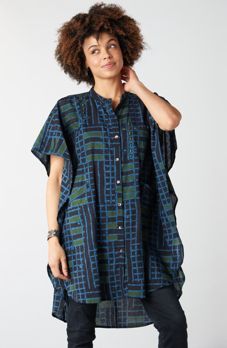 Anika Band Collar Kaftan Shirt - Charcoal/Multi